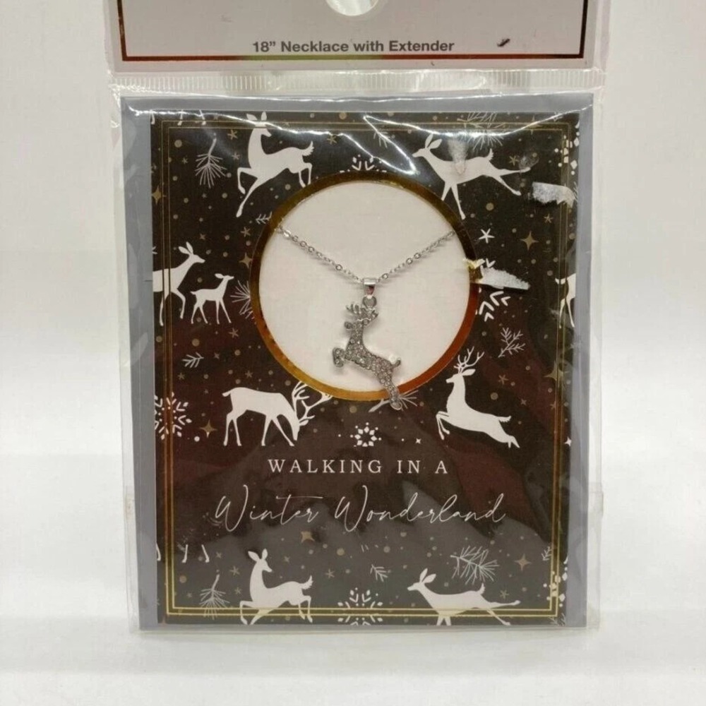 Christmas Reindeer Necklace 18" with Extender Rhinestone Pendant Holiday Gift
